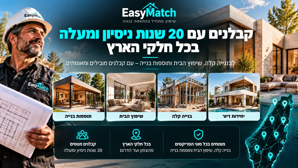 קבלנים עם 20 שנות ניסיון ומעלה בכל חלקי הארץ — תוספות בנייה, שיפוץ הבית, בנייה קלה ויחידות דיור, מהצפון ועד הדרום