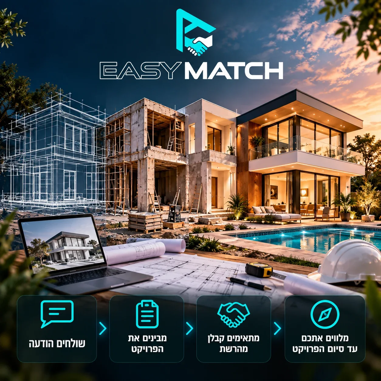 EasyMatch — מהודעה ראשונה, דרך הבנת הפרויקט והתאמת קבלן, ועד ליווי אישי עד סיום העבודה